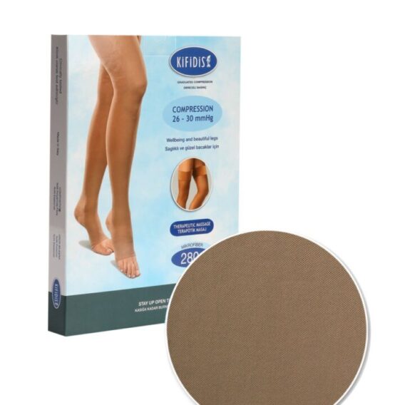 Burnu Açık Kasığa Kadar Silikonlu Çorabı 26-30 mmHg (CCL2) – 280 Denye Mikrofiber Bej